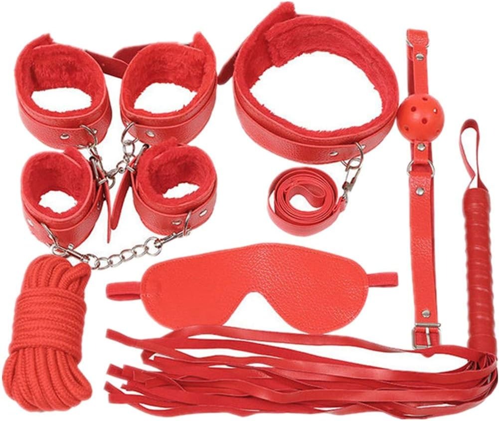 7pcs Leather BDSM Kits Bondage Set Slave Handcuffs Neck Collar Gag Whip SM Sex T